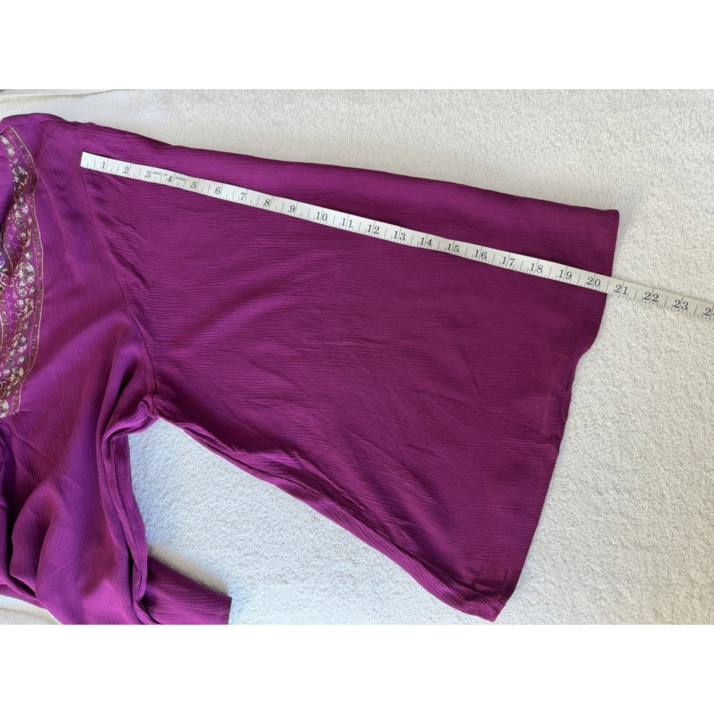 Frye And Co Top 3/4 Bell Sleeve Split Tie Neck Yoke Detail Burgundy Boho Sz-XXL - Picture 8 of 10
